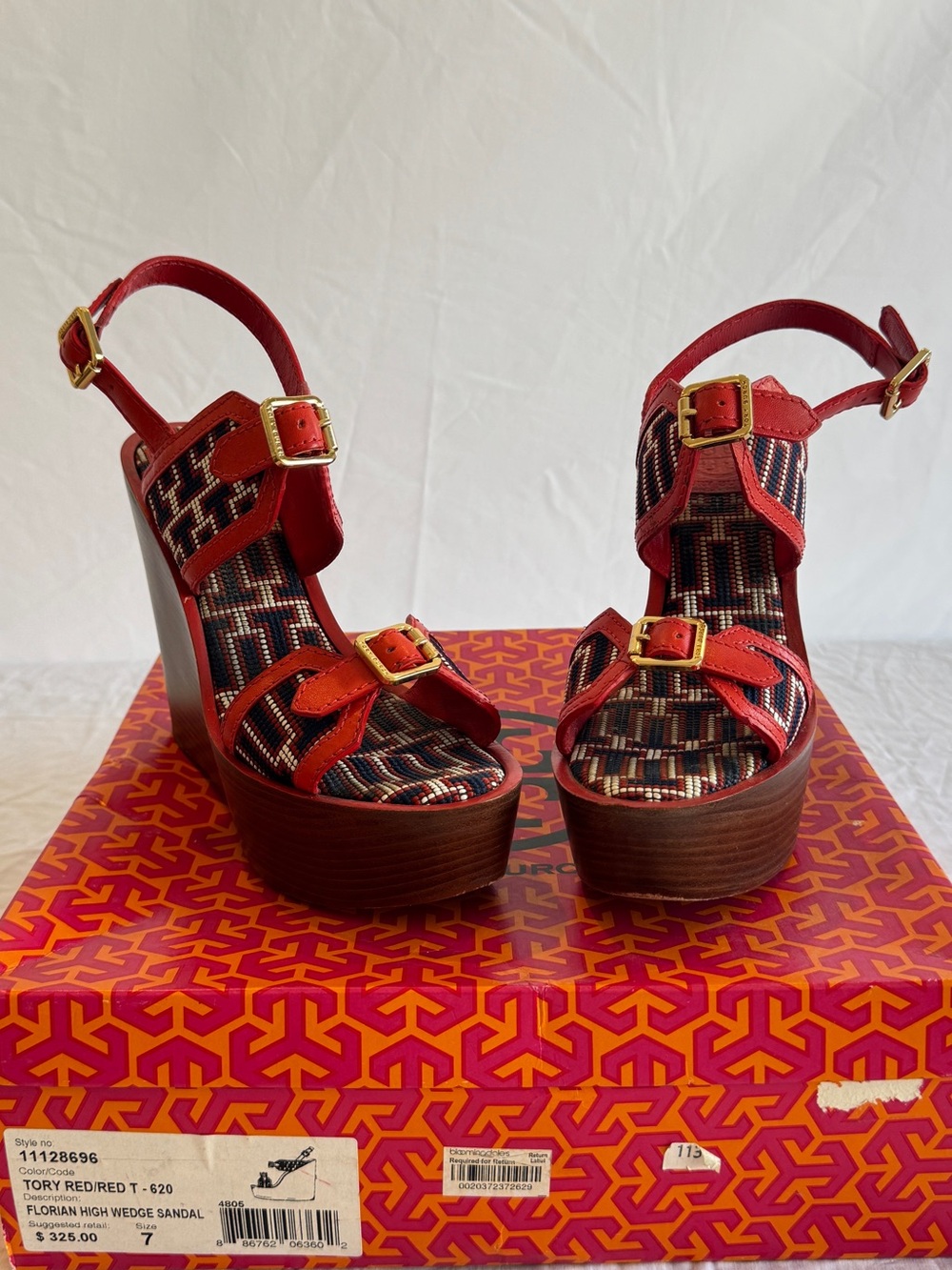 Tory Burch Red High Wedge Beaded Sandals with Gold Buckles